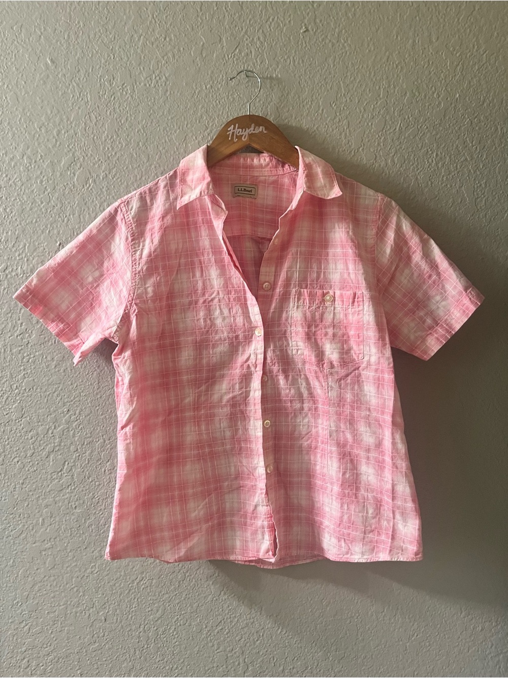 L.L. Bean Pink Plaid Short-Sleeve Button-Down Shirt